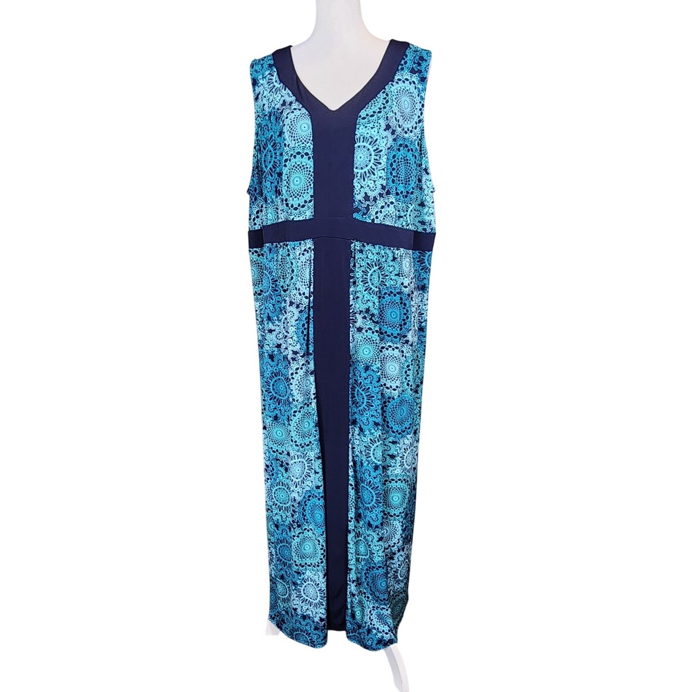 Catherines Maxi Dress Womens 2X Blue Medallion Stretch Knit Casual Boho Travel